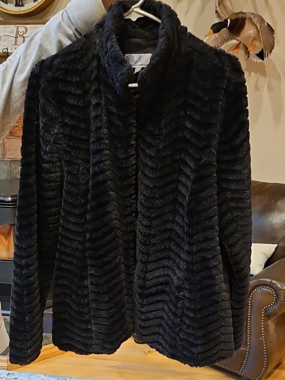 JM Collection Black Faux Fur Coat with Satin Lining
